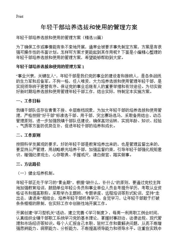 年轻干部培养选拔和使用的管理方案