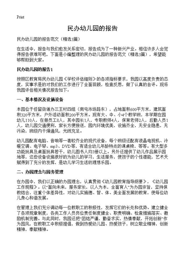 民办幼儿园的报告