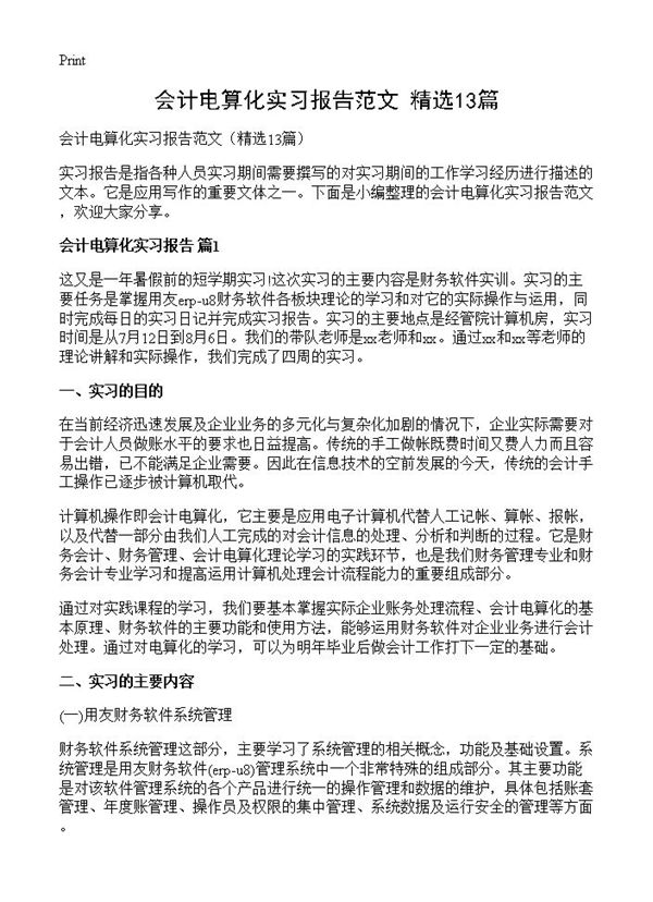 会计电算化实习报告范文