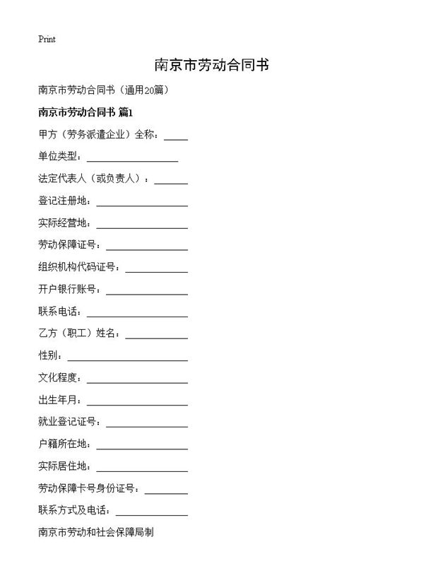南京市劳动合同书