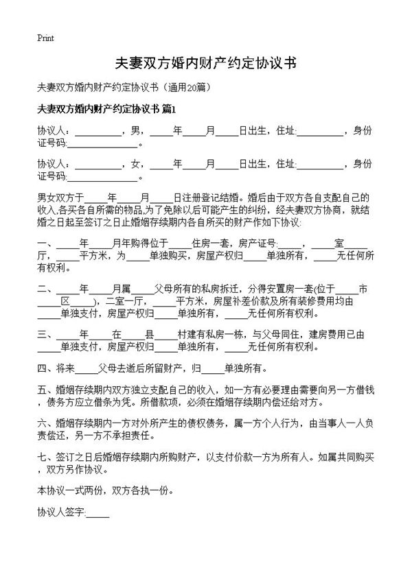 夫妻双方婚内财产约定协议书