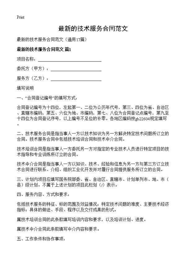 最新的技术服务合同范文
