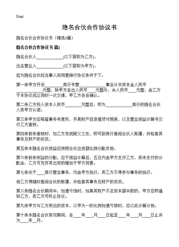 隐名合伙合作协议书