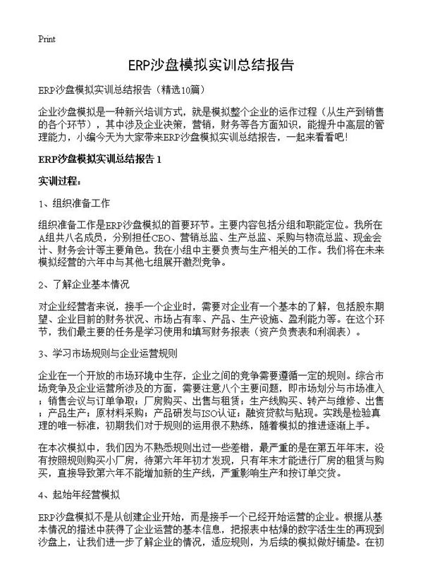 ERP沙盘模拟实训总结报告