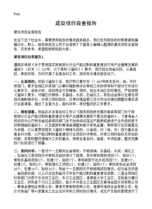 建设项目自查报告