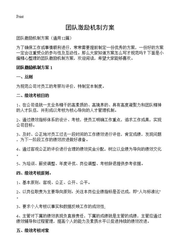 团队激励机制方案