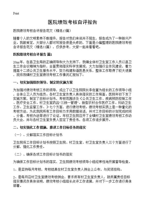 医院绩效考核自评报告