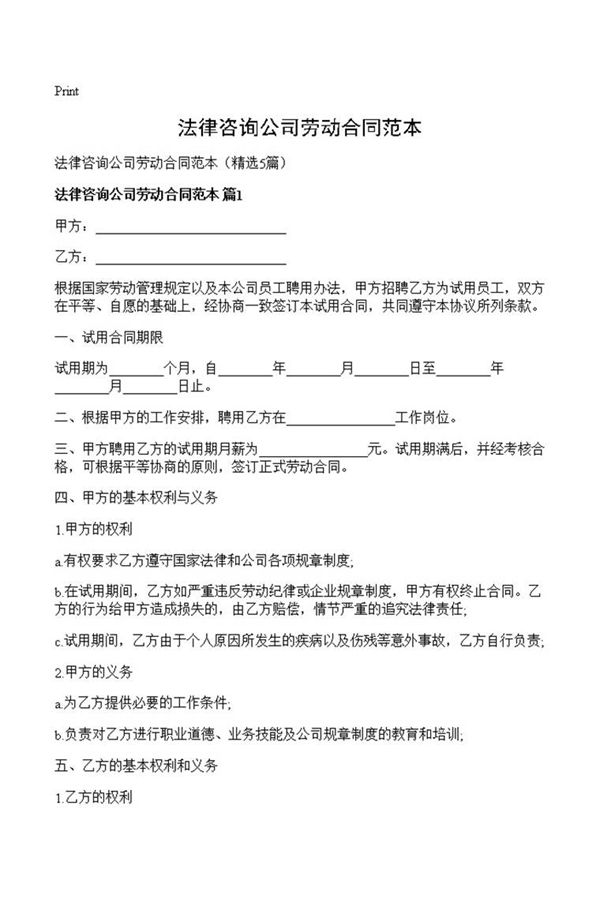 法律咨询公司劳动合同范本