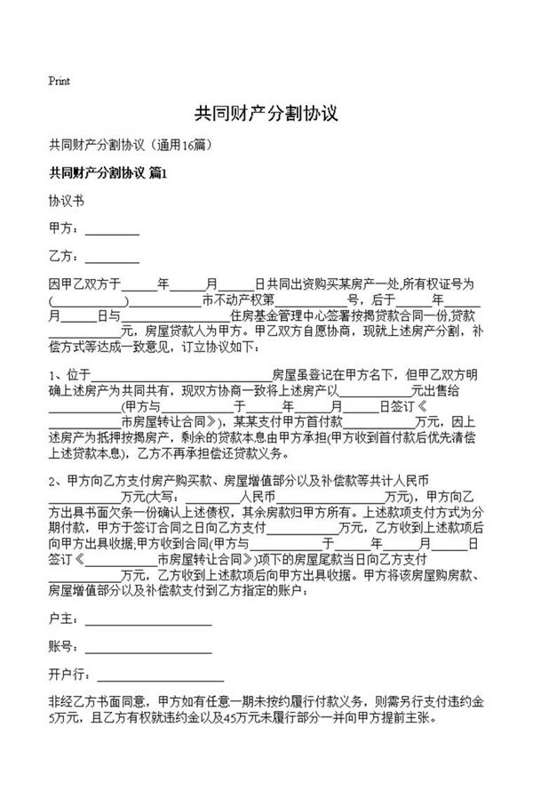 共同财产分割协议