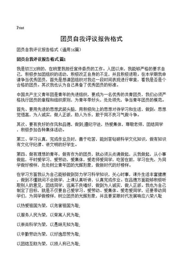 团员自我评议报告格式