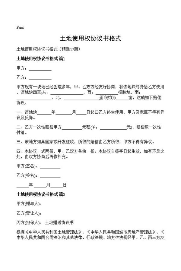 土地使用权协议书格式