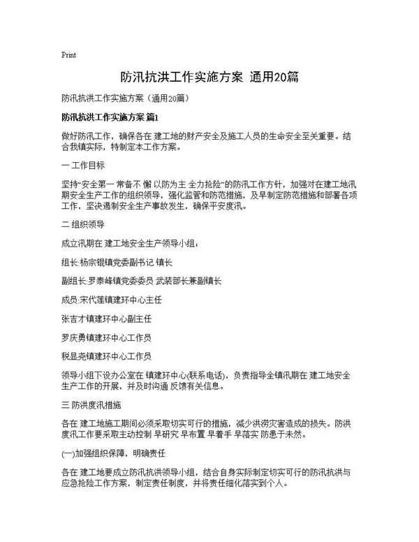防汛抗洪工作实施方案(通用)