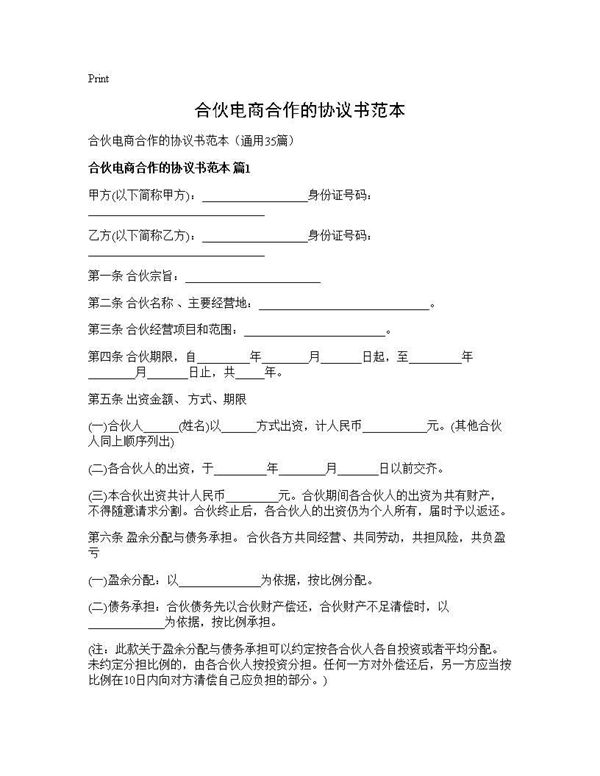 合伙电商合作的协议书范本