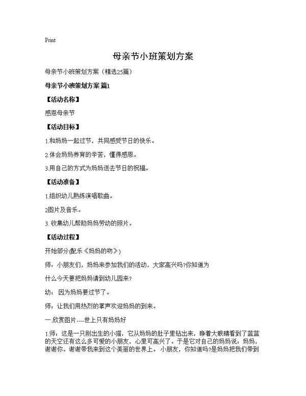 母亲节小班策划方案