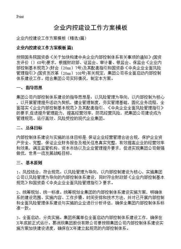 企业内控建设工作方案模板