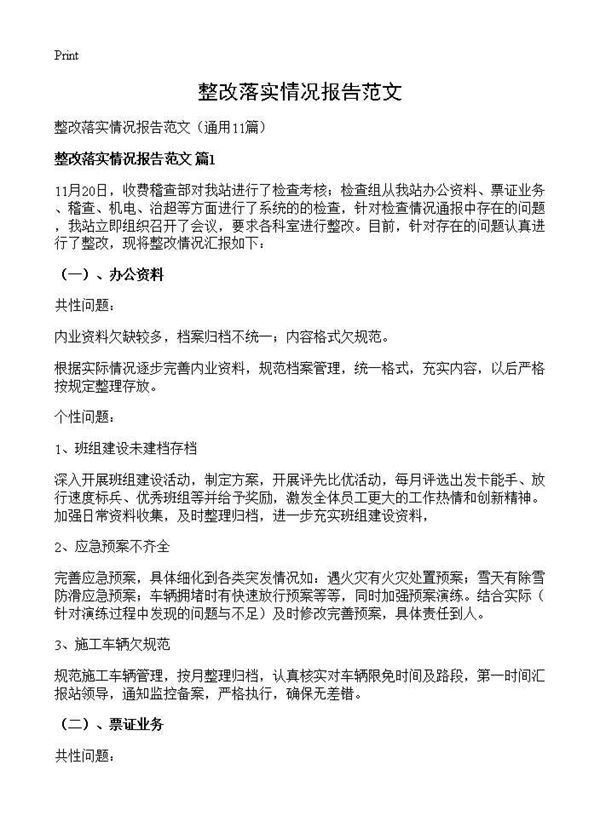 整改落实情况报告范文