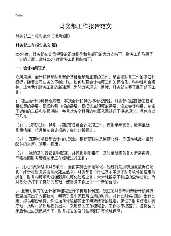 财务部工作报告范文
