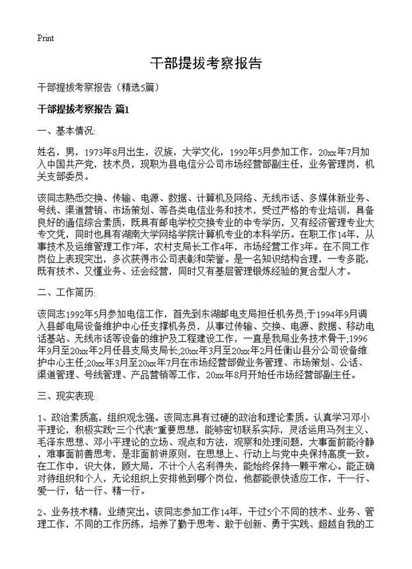 干部提拔考察报告