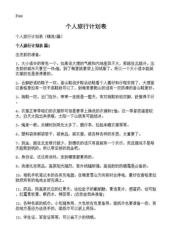 个人旅行计划表