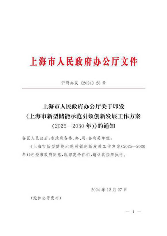 《上海市新型储能示范引领创新发展工作方案(20252030年)》的通知