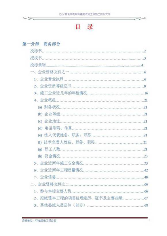 10KV及低压配网新建与改造工程施工投标文件(商务表 技术标)