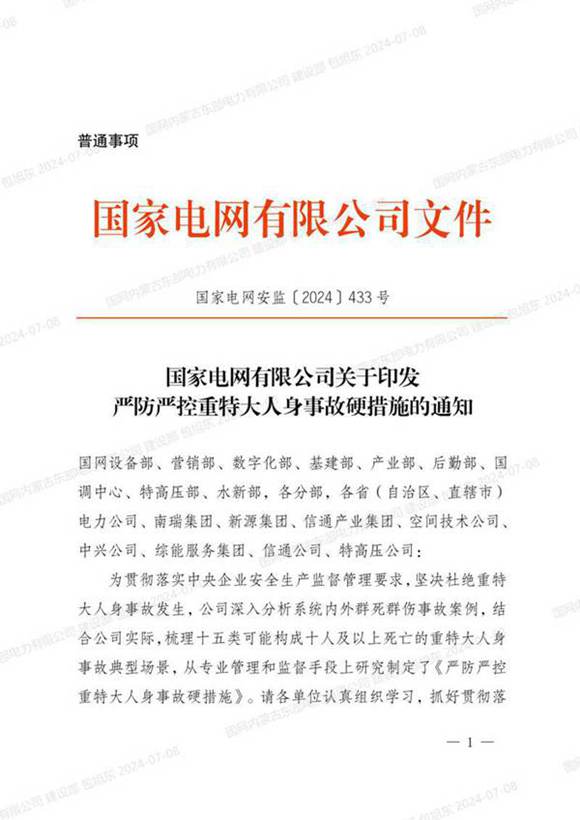 国家电网安监2024433号(国家电网有限公司关于印发 严防严控重特大人身事故硬措施的通知)(1)
