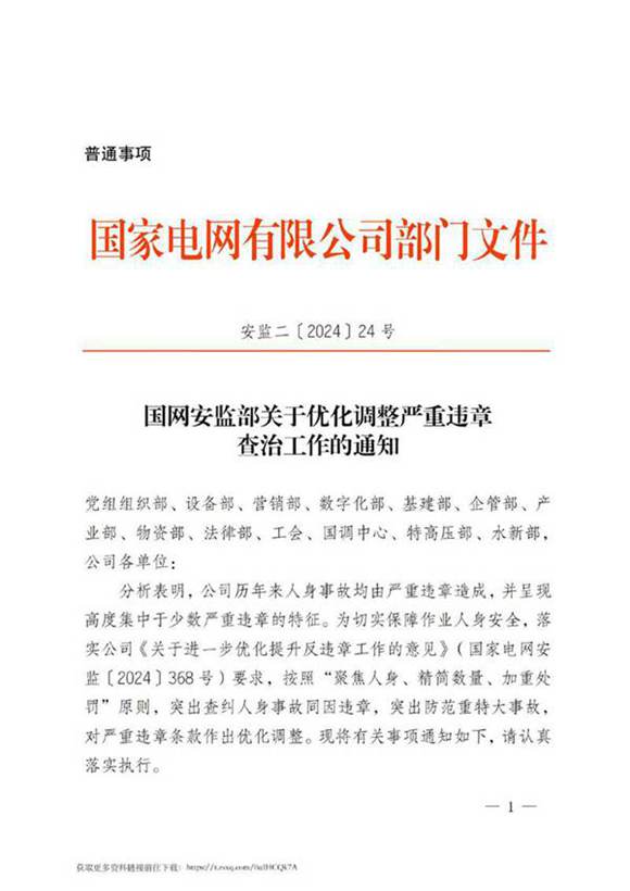 国网安监部关于优化调整严重违章查治工作的通知(安监二202424号)