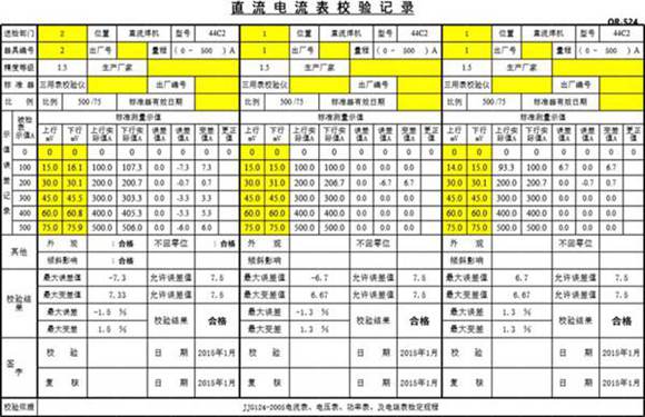直流电流表校验记录0-500A自动计算