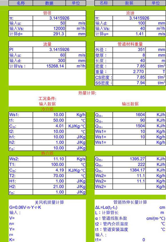 流速 流量 轴功率 换热器计算 蒸汽等常用公式与数据