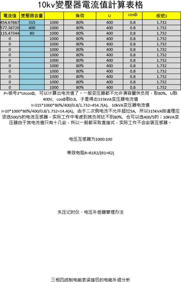 变压器电流值计算表格