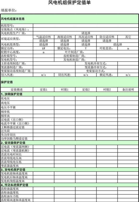 风电机组保护定值单