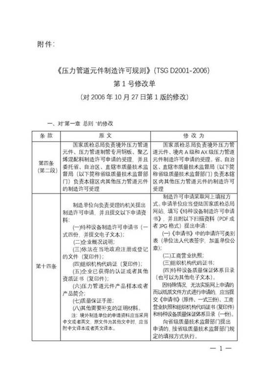 《压力管道元件制造许可规则》(TSG D2001-2006)第1号修改单的公告(2009年第136号)