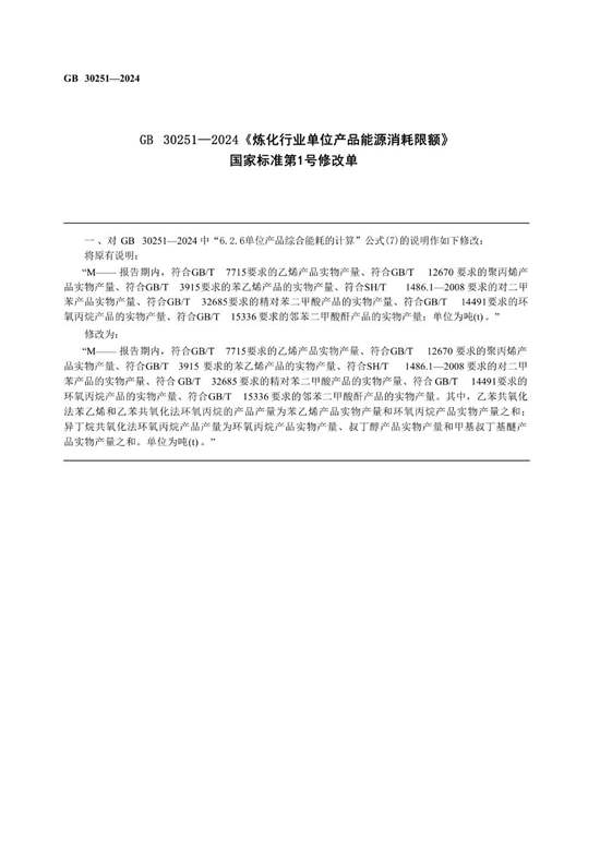 GB 30251-2024 炼化行业单位产品能源消耗限额《第1号修改单》