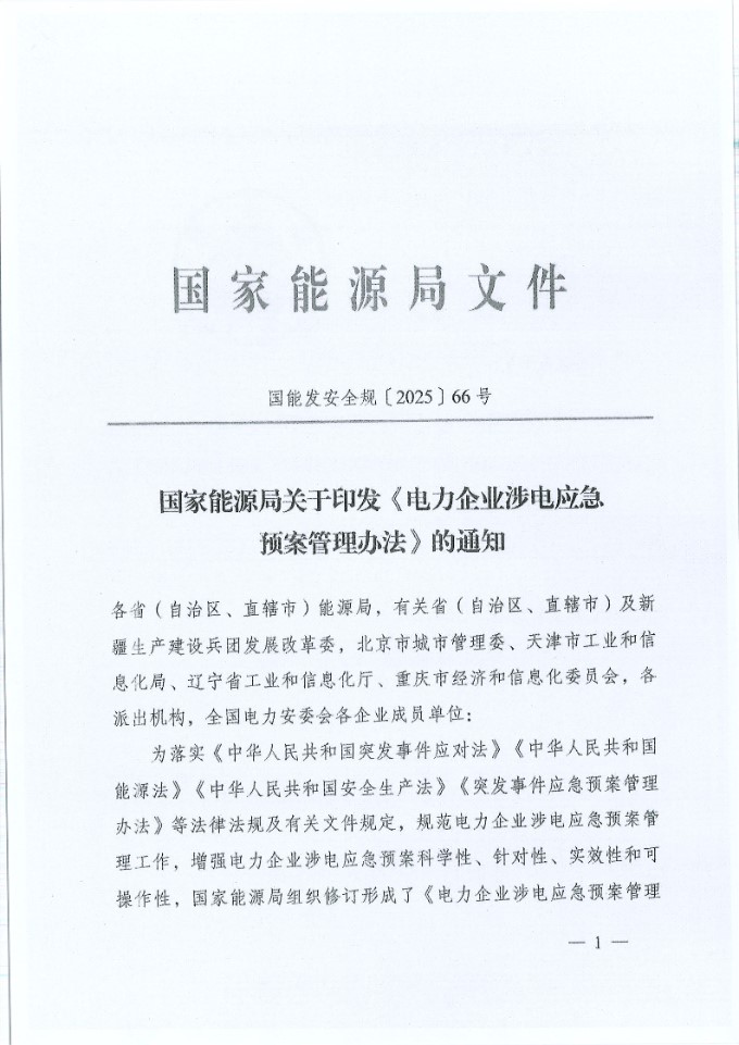 《电力企业涉电应急预案管理办法》(国能发安全规202566号)