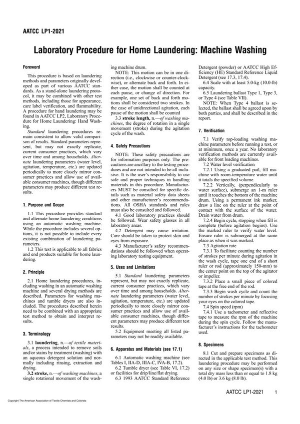AATCC LP1-2021 Laboratory Procedure for Home Laundering  Machine Washing