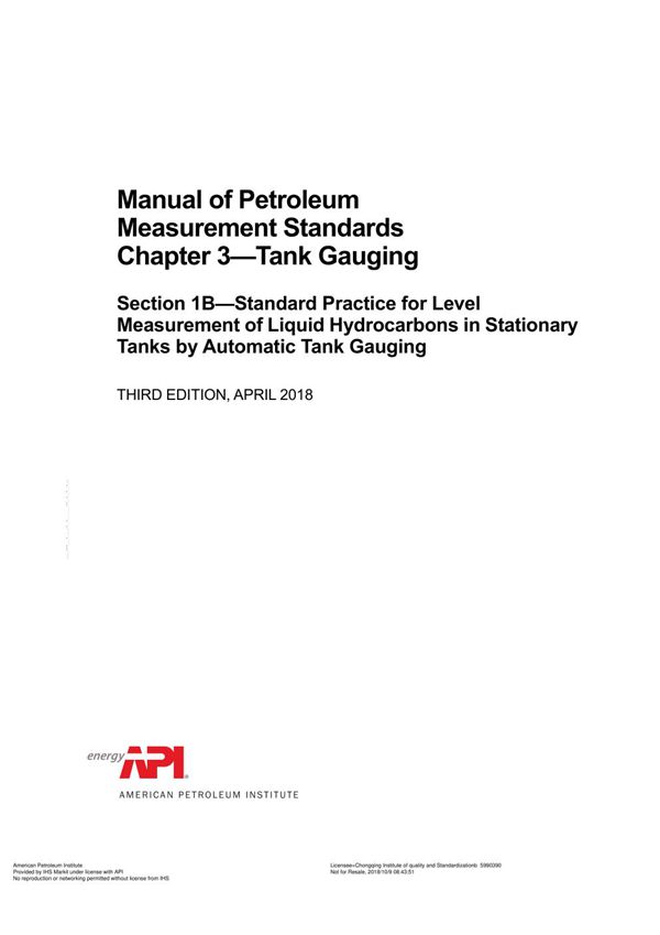 API MPMS 3.1B-2018 Manual of Petroleum Measurement Standards Chapter 3. Tank Gauging Section 1B. Sta