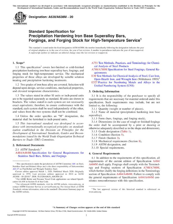 ASTM A638 A638M-20 高温用沉积硬化铁基超耐热不锈钢棒材 锻件及锻坯标准规范