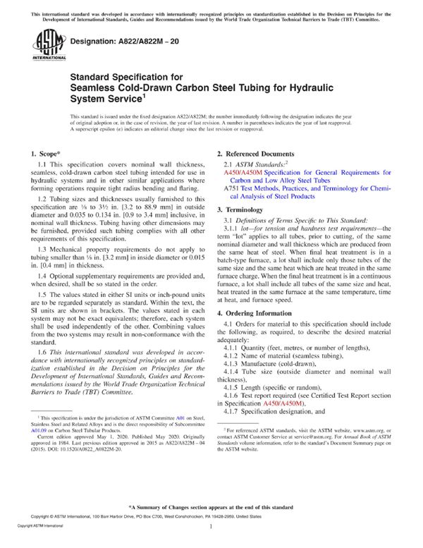 ASTM A822 A822M-20 无缝冷拔碳钢管液压系统服务标准规范