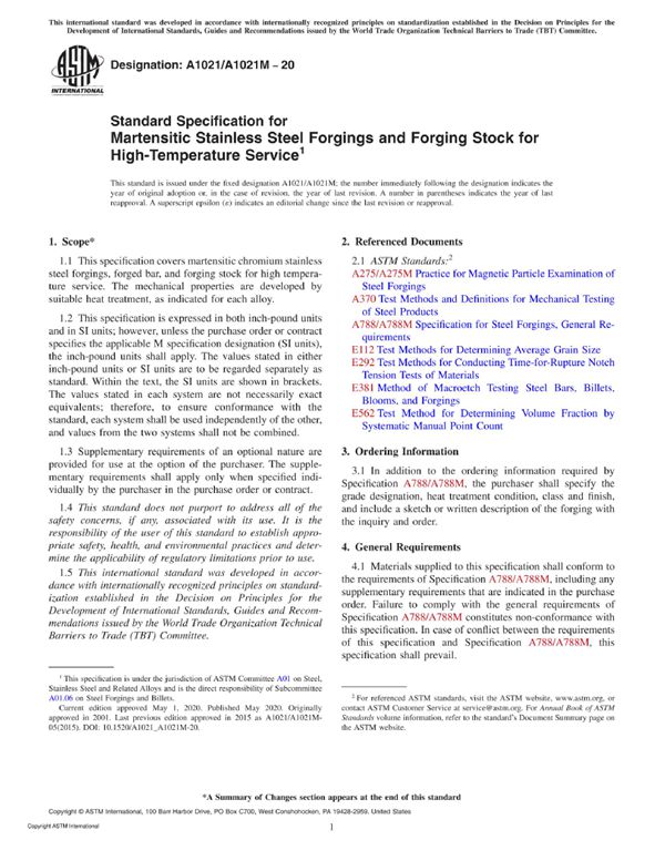 ASTM A1021 A1021M-20 高温用马氏体不锈钢锻件和锻坯的标准规范