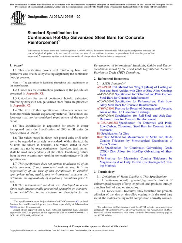 ASTM A1094 A1094M-20 混凝土结构加固用连续热浸镀锌钢棒材的标准规格