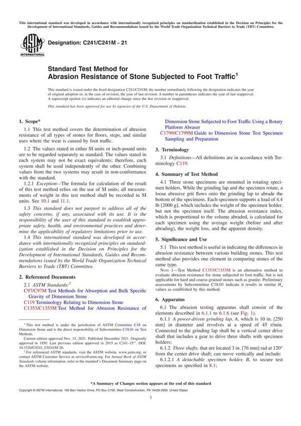 ASTM C241 C241M-2021 人行道用石板耐磨性的试验方法