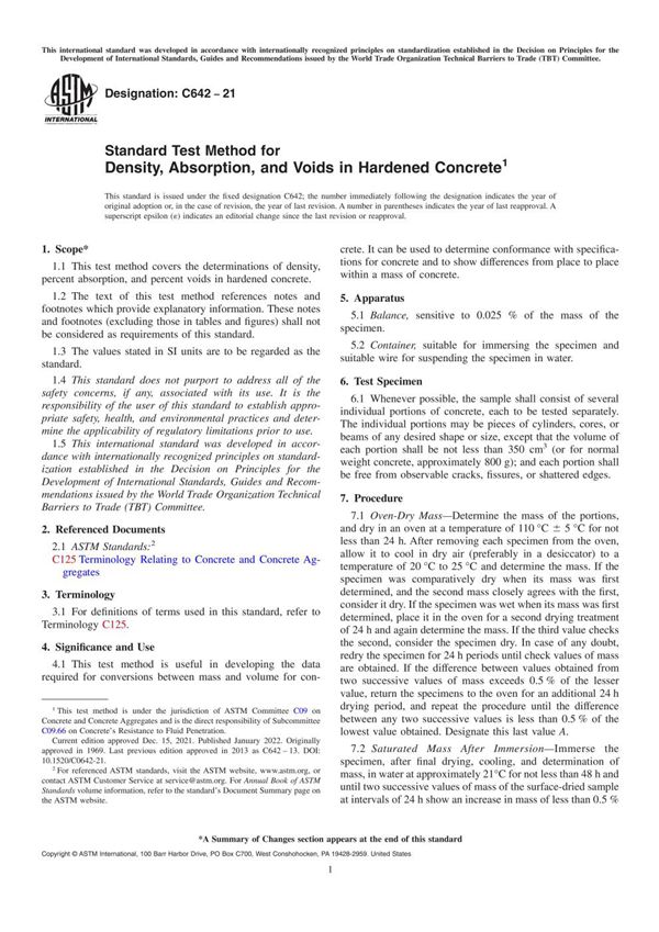 ASTM C642-2021 硬化混凝土的密度 吸收性及空隙度的标准试验方法