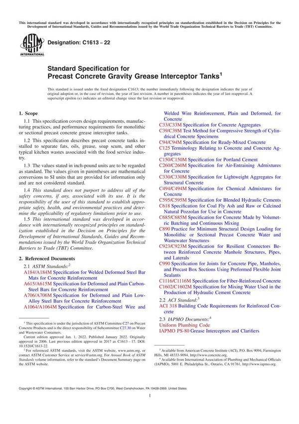 ASTM C1613-22 预制混凝土油脂拦截槽用标准规范