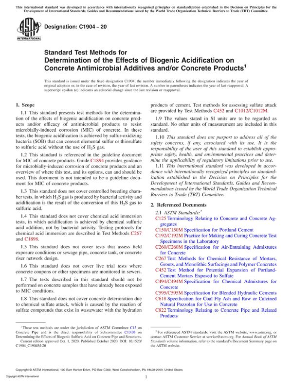 ASTM C1904-20 测定生物酸化对混凝土抗菌添加剂和或混凝土产品影响的标准试验方法