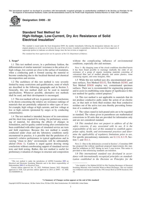 ASTM D495-22 固体电绝缘材料耐高压低电流干电弧性能的标准试验方法