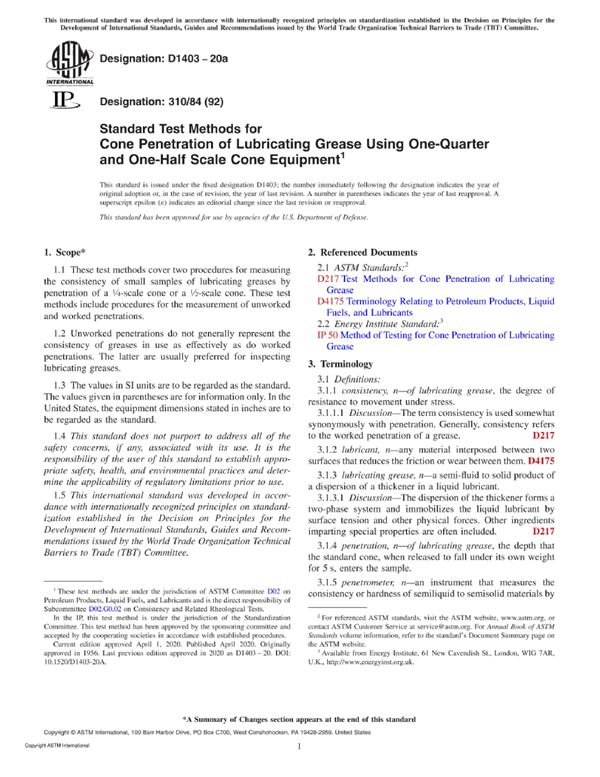ASTM D1403-20a 用四分之一和二分之一标度的锥度设备测定润滑脂的锥体针入度的标准试验方法