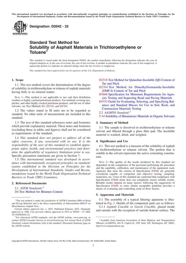 ASTM D2042-22 三氯乙烯中沥青材料溶解性的标准试验方法