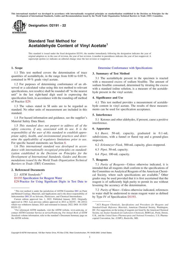 ASTM D2191-22 乙酸乙烯酯中乙醛含量的标准测试方法