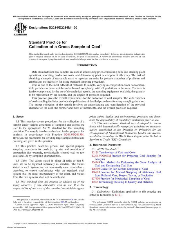 ASTM D2234 D2234M-20 Standard Practice for Collection of a Gross Sample of Coal