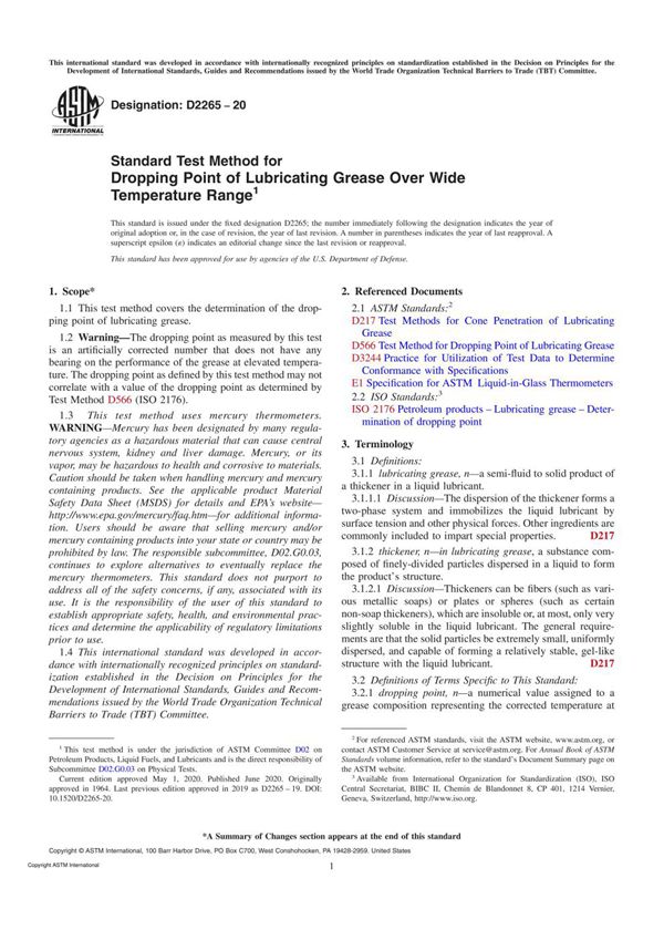 ASTM D2265-20 Standard Test Method for Dropping Point of Lubricating Grease Over Wide Temperature